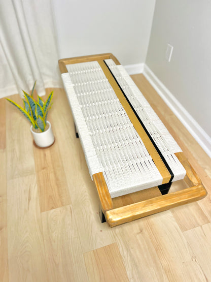 Mid Century Bench | Custom Size Woven Entryway Seating With Matte Black Legs