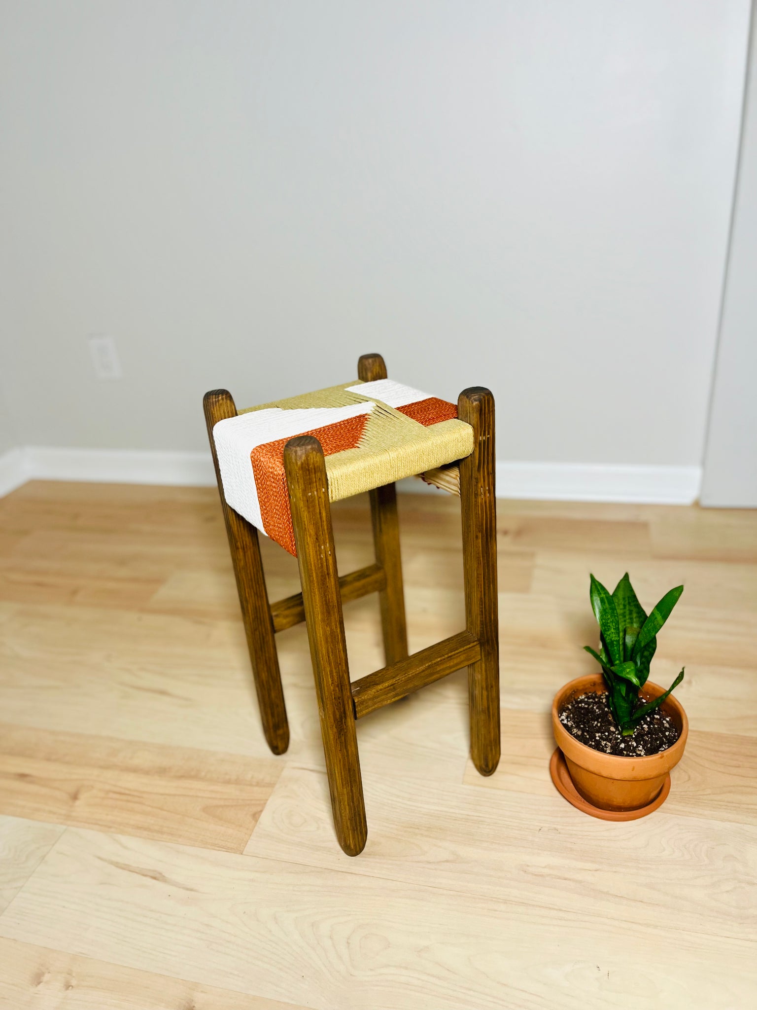 Mid-Century Modern Style Indoor Woven Plant Stand