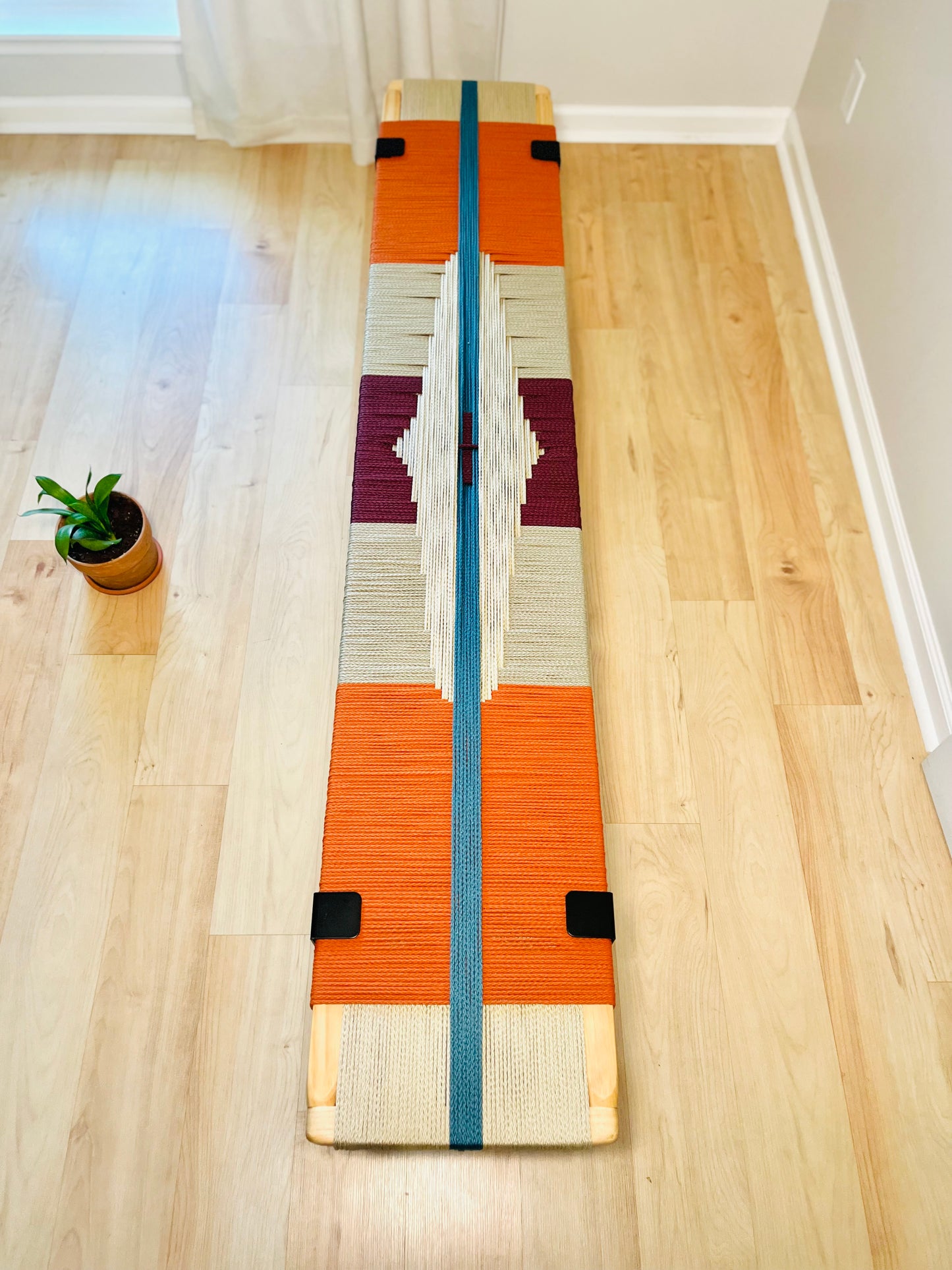 Mid Century Bench | Custom Size Woven Entryway Seating With Matte Black Legs