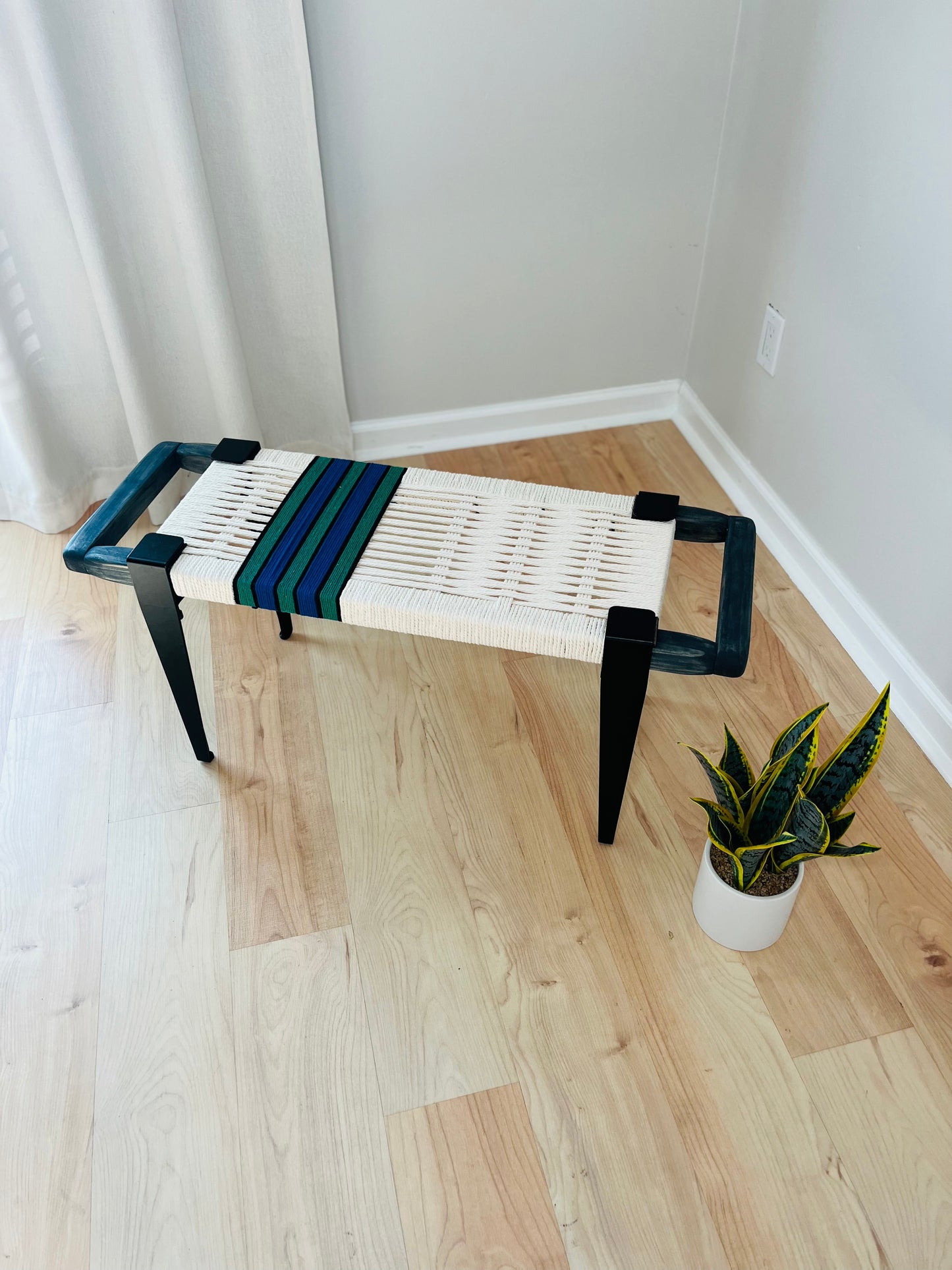 Mid Century Bench | Custom Size Woven Entryway Seating With Matte Black Legs