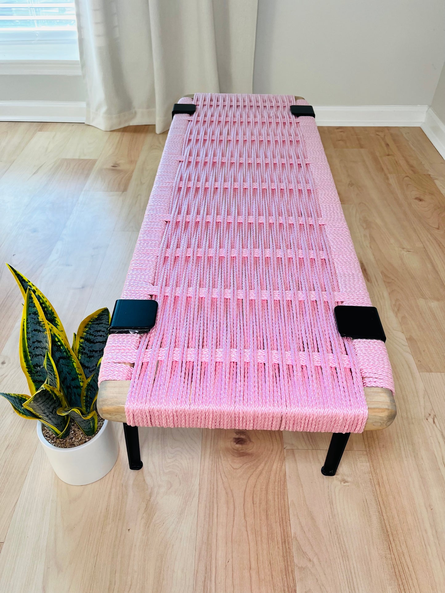 Mid Century Bench | Custom Size Woven Entryway Seating With Matte Black Legs