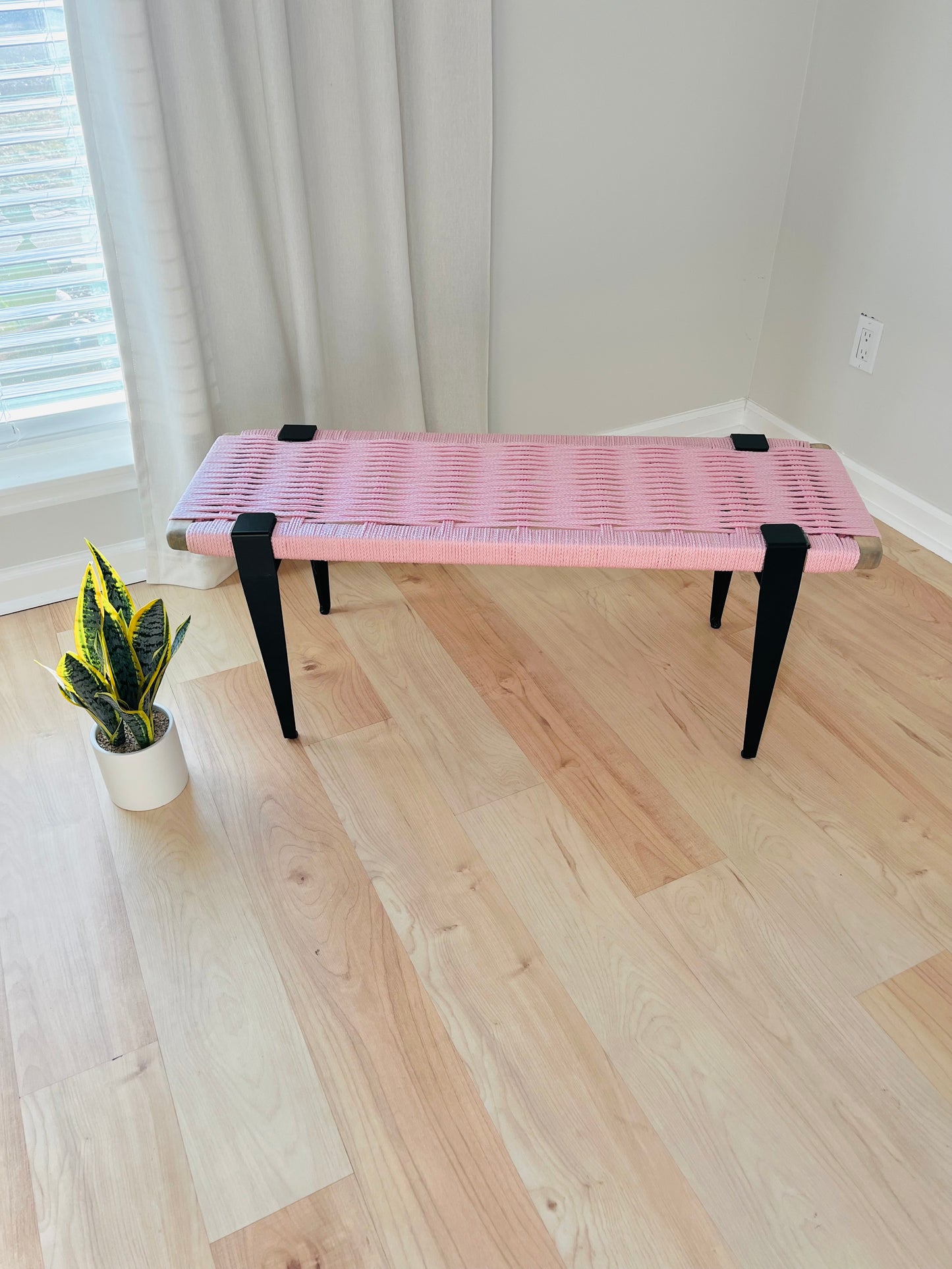 Mid Century Bench | Custom Size Woven Entryway Seating With Matte Black Legs