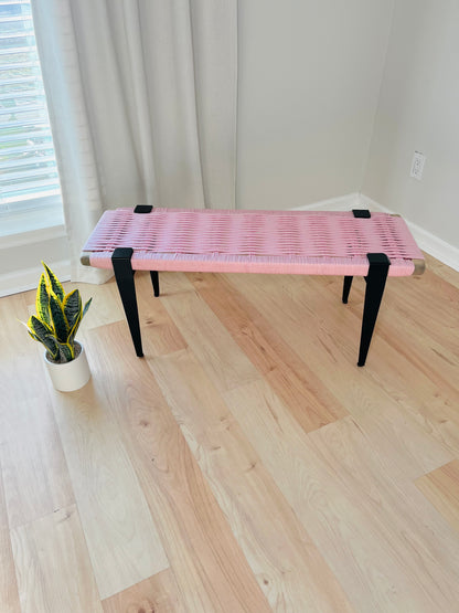 Mid Century Bench | Custom Size Woven Entryway Seating With Matte Black Legs