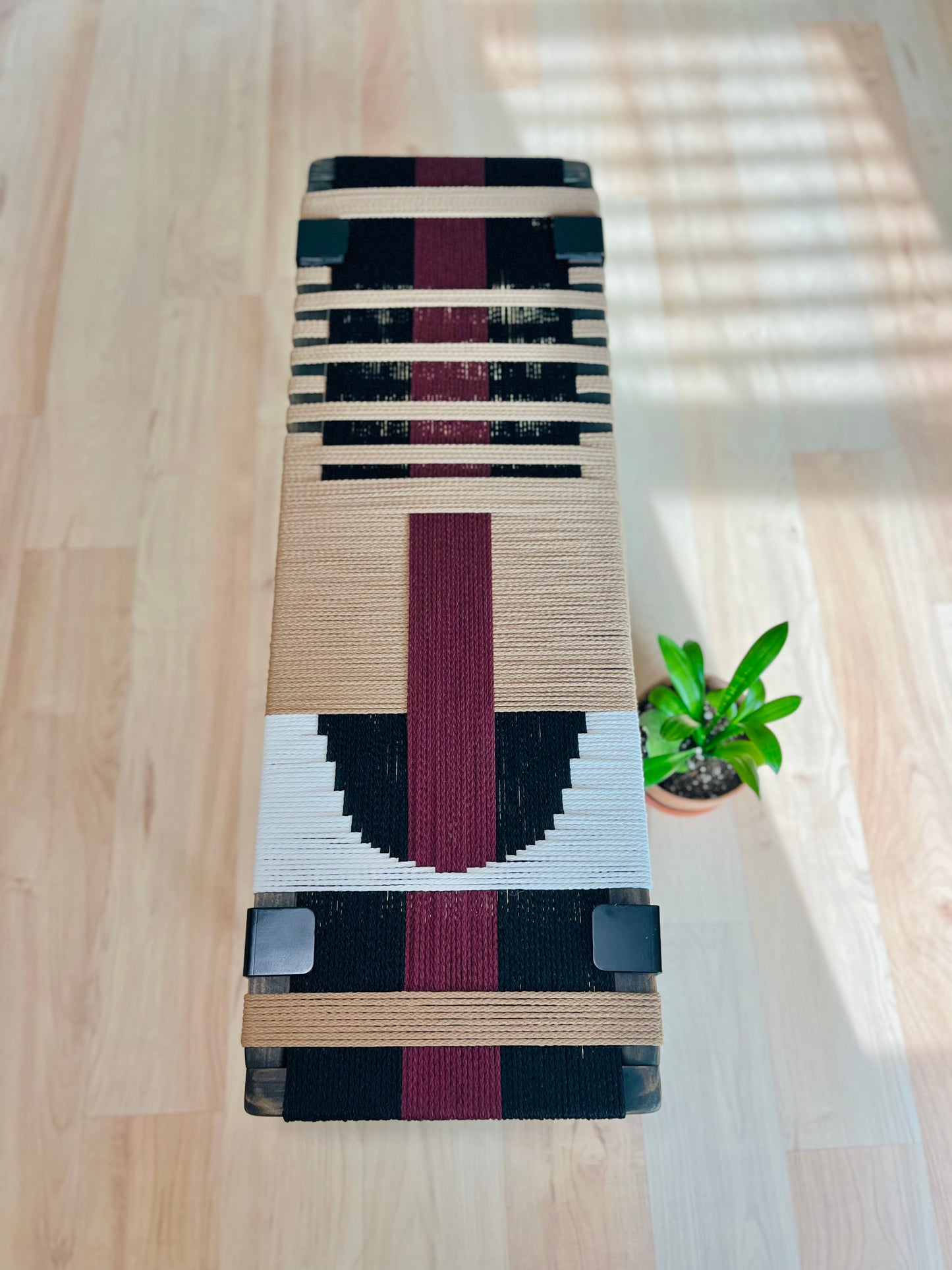 Mid Century Bench | Custom Size Woven Entryway Seating With Matte Black Legs