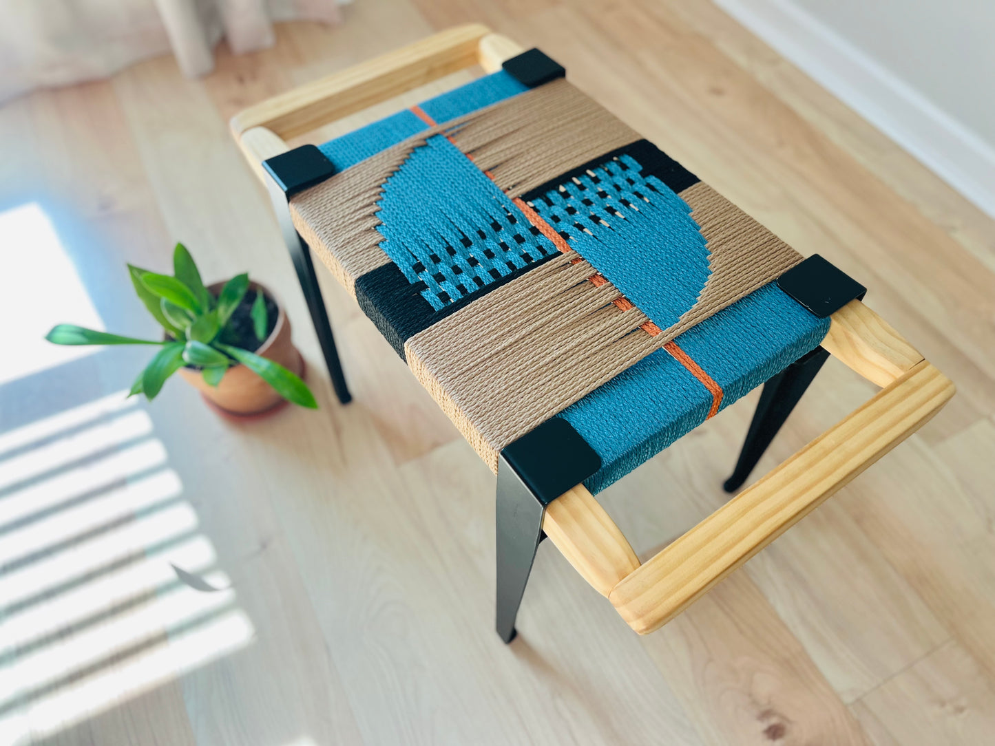 Mid Century Bench | Custom Size Woven Entryway Seating With Matte Black Legs