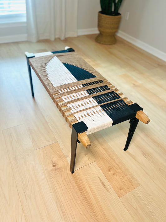 Mid Century Bench | Custom Size Woven Entryway Seating With Matte Black Legs