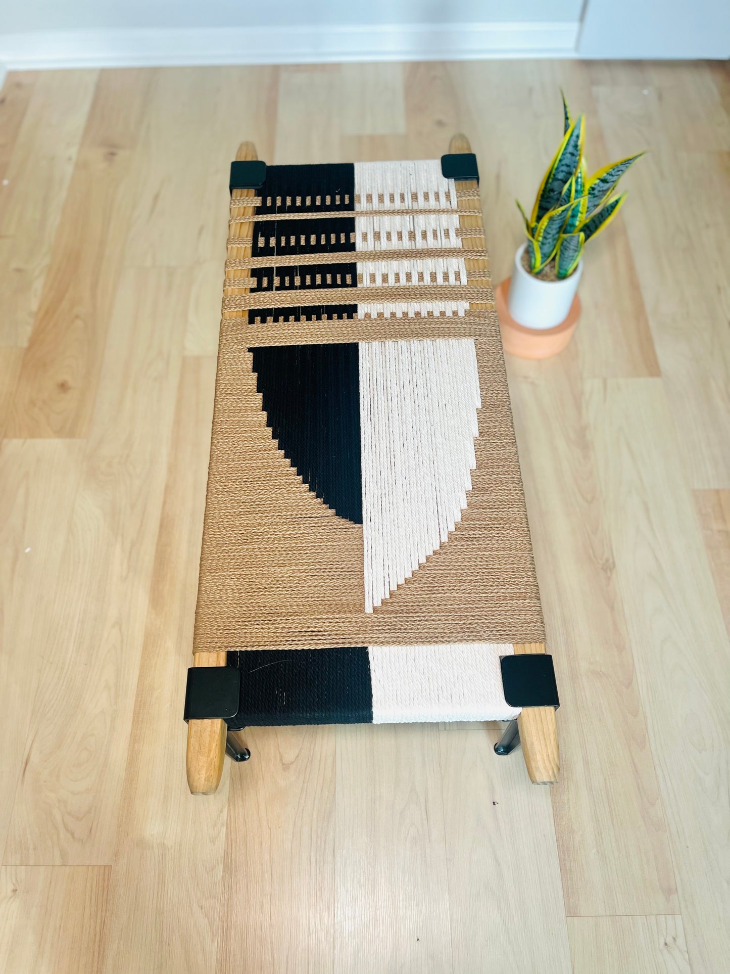 Mid Century Bench | Custom Size Woven Entryway Seating With Matte Black Legs