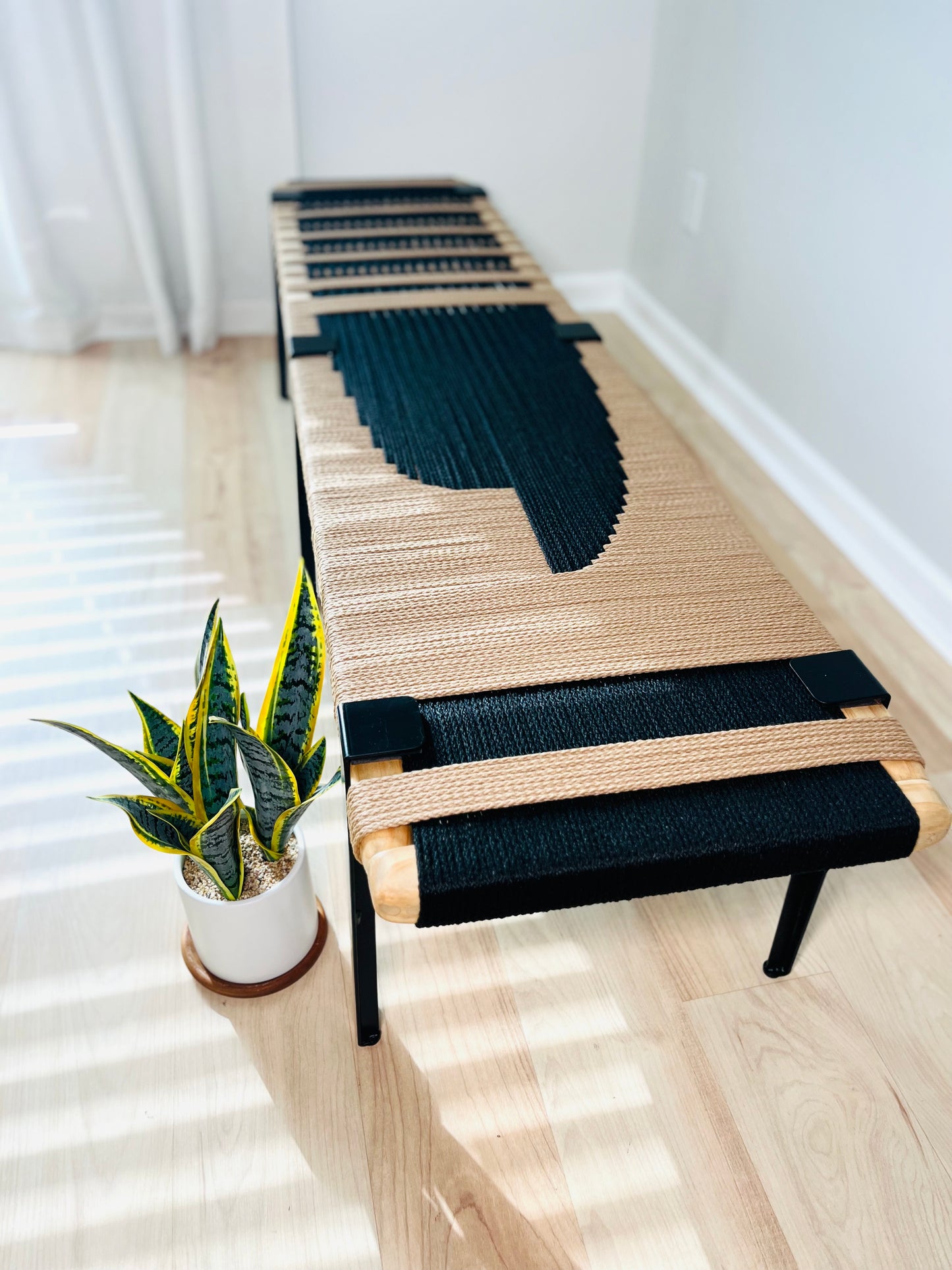 Mid Century Bench | Custom Size Woven Entryway Seating With Matte Black Legs