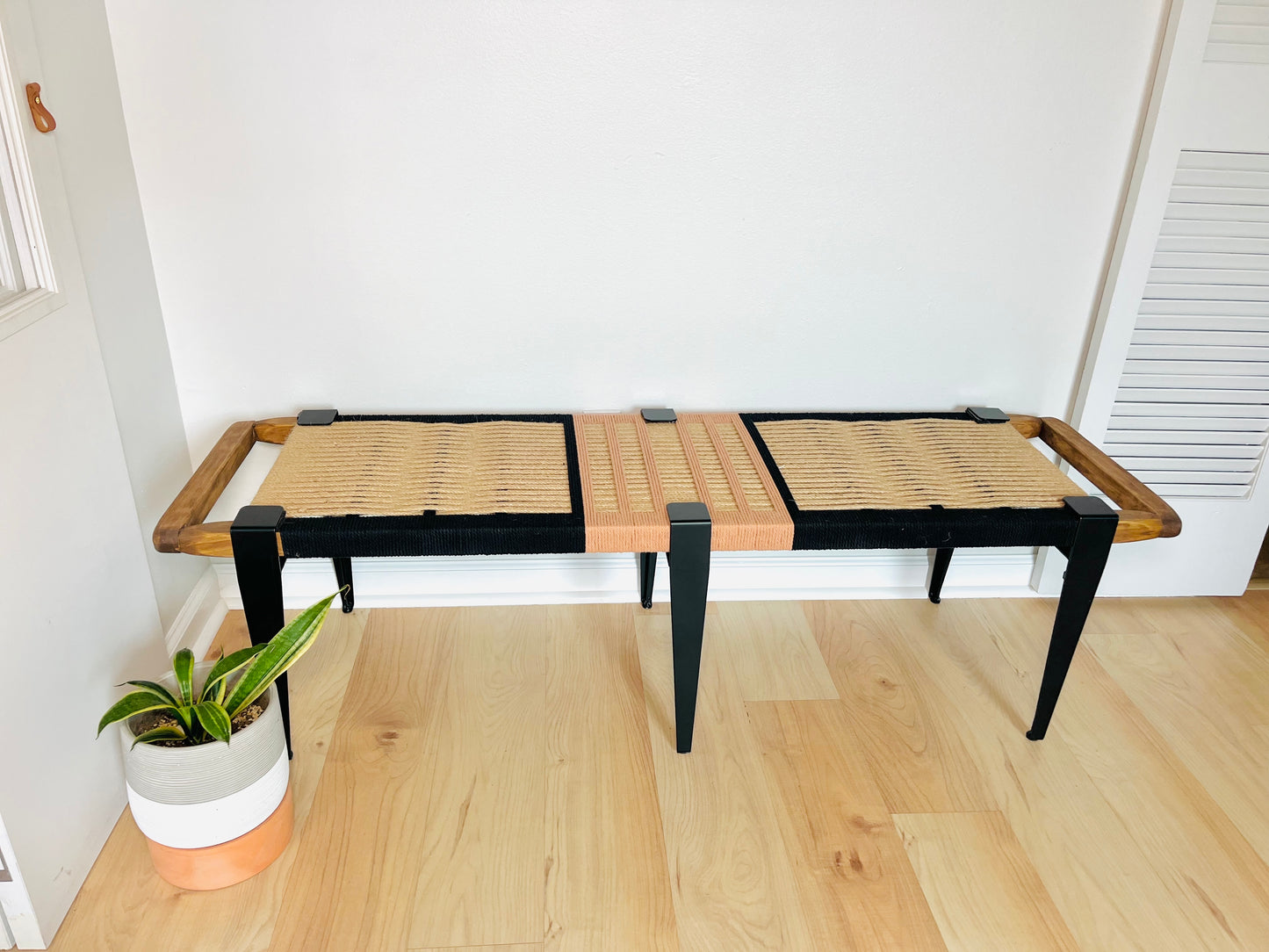 Mid Century Bench | Custom Size Woven Entryway Seating With Matte Black Legs