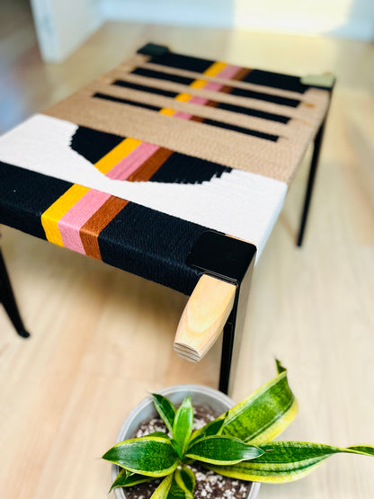 Mid Century Bench | Custom Size Woven Entryway Seating With Matte Black Legs