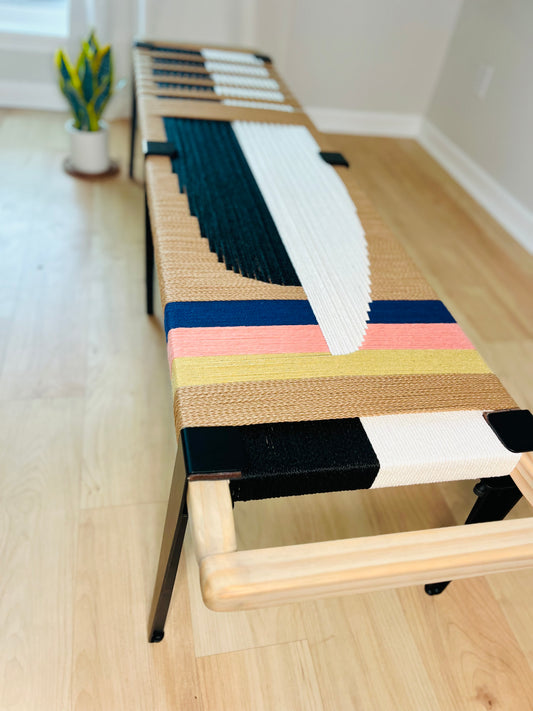 Mid Century Bench | Custom Size Woven Entryway Seating With Matte Black Legs