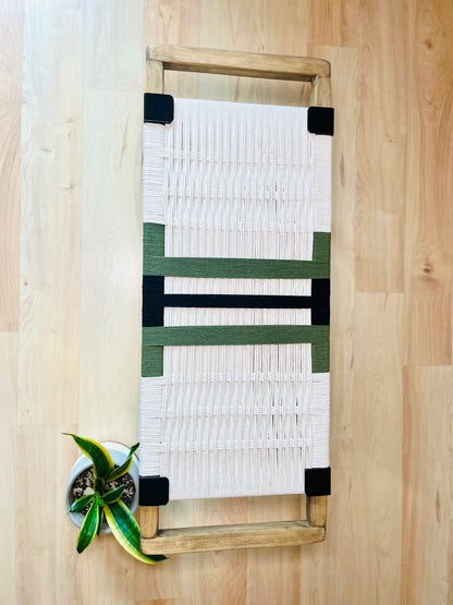 Mid Century Bench | Custom Size Woven Entryway Seating With Matte Black Legs