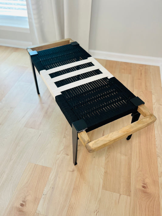 Mid Century Bench | Custom Size Woven Entryway Seating With Matte Black Legs