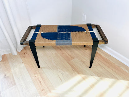 Mid Century Bench | Custom Size Woven Entryway Seating With Matte Black Legs