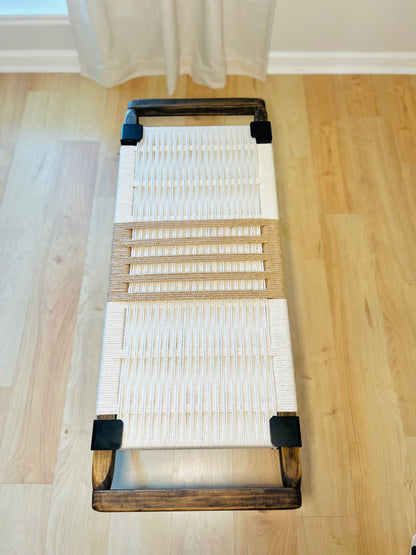 Mid Century Bench | Custom Size Woven Entryway Seating With Matte Black Legs