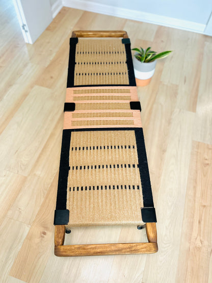 Mid Century Bench | Custom Size Woven Entryway Seating With Matte Black Legs