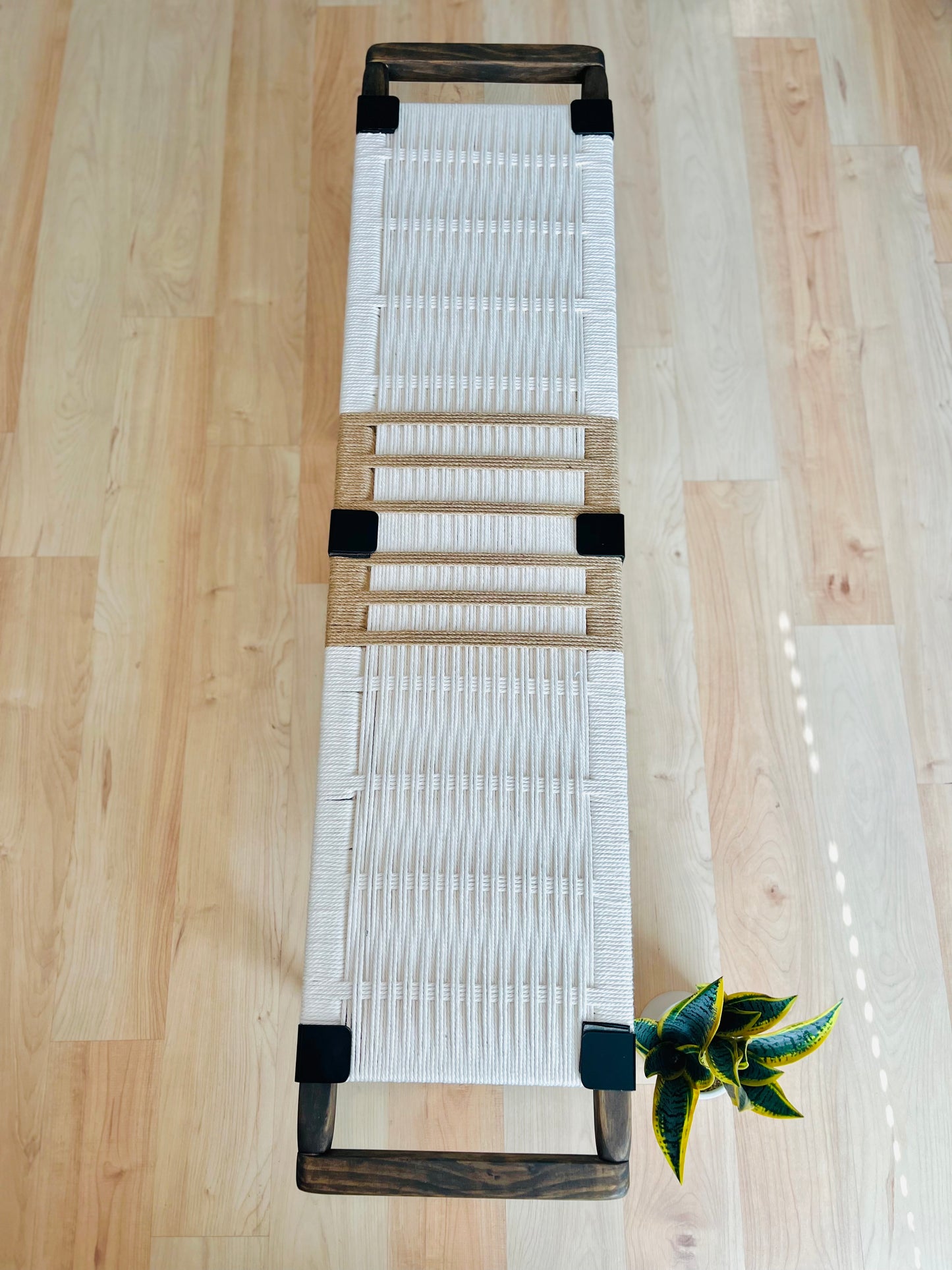 Mid Century Bench | Custom Size Woven Entryway Seating With Matte Black Legs
