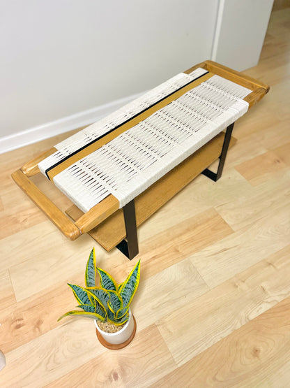 Mid Century Bench | Custom Size Woven Entryway Seating With Matte Black Legs