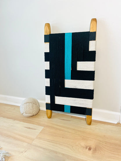 Mid Century Bench | Custom Size Woven Entryway Seating With Matte Black Legs