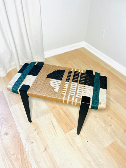 Mid Century Bench | Custom Size Woven Entryway Seating With Matte Black Legs