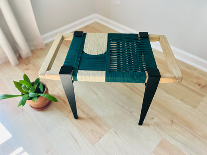 Mid Century Bench | Custom Size Woven Entryway Seating With Matte Black Legs