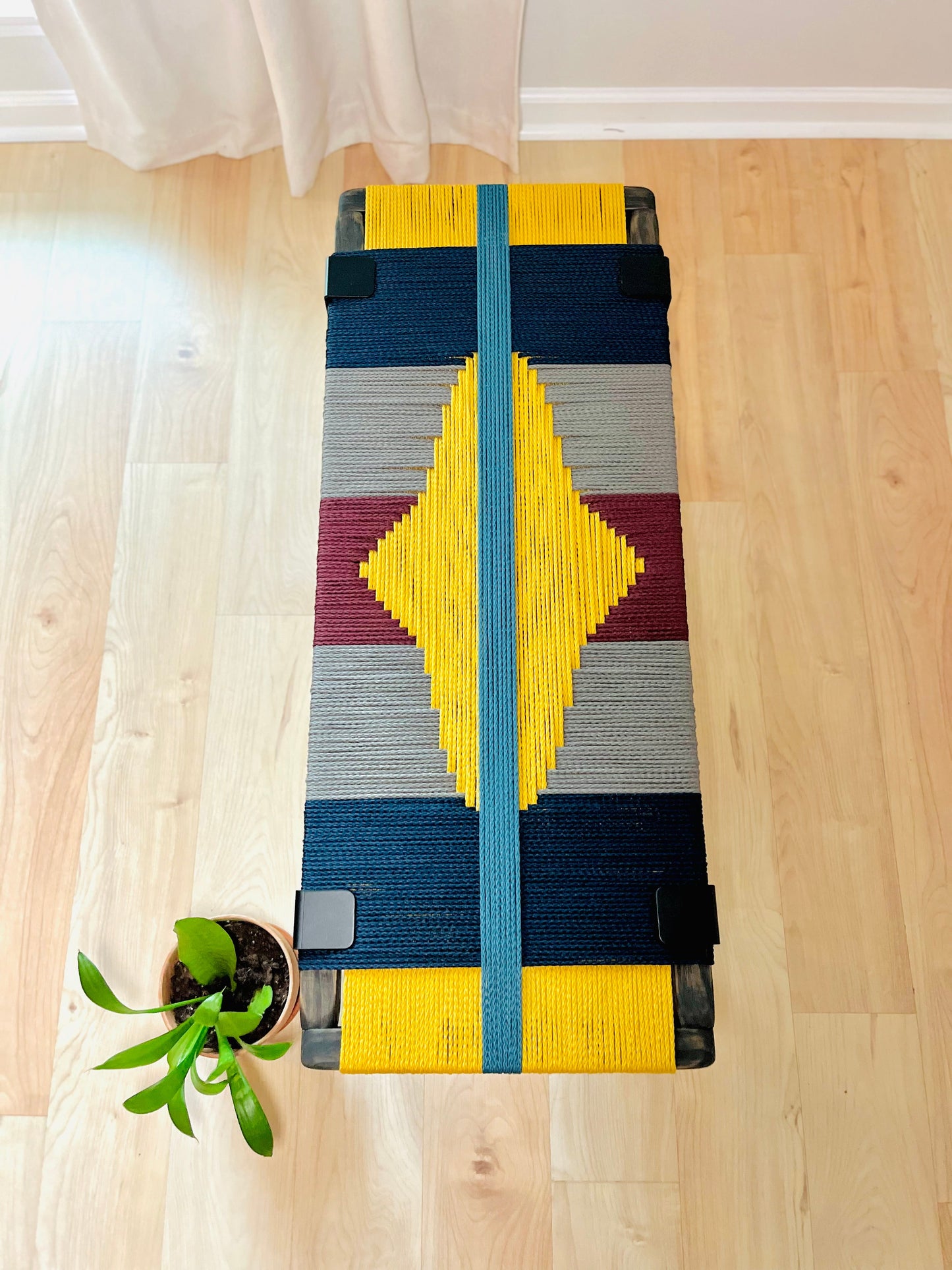 Mid Century Bench | Custom Size Woven Entryway Seating With Matte Black Legs.
