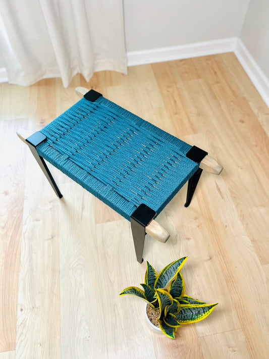 Mid Century Bench | Custom Size Woven Entryway Seating With Matte Black Legs