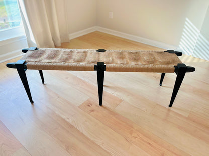 Mid Century Bench | Custom Size Woven Entryway Seating With Matte Black Legs