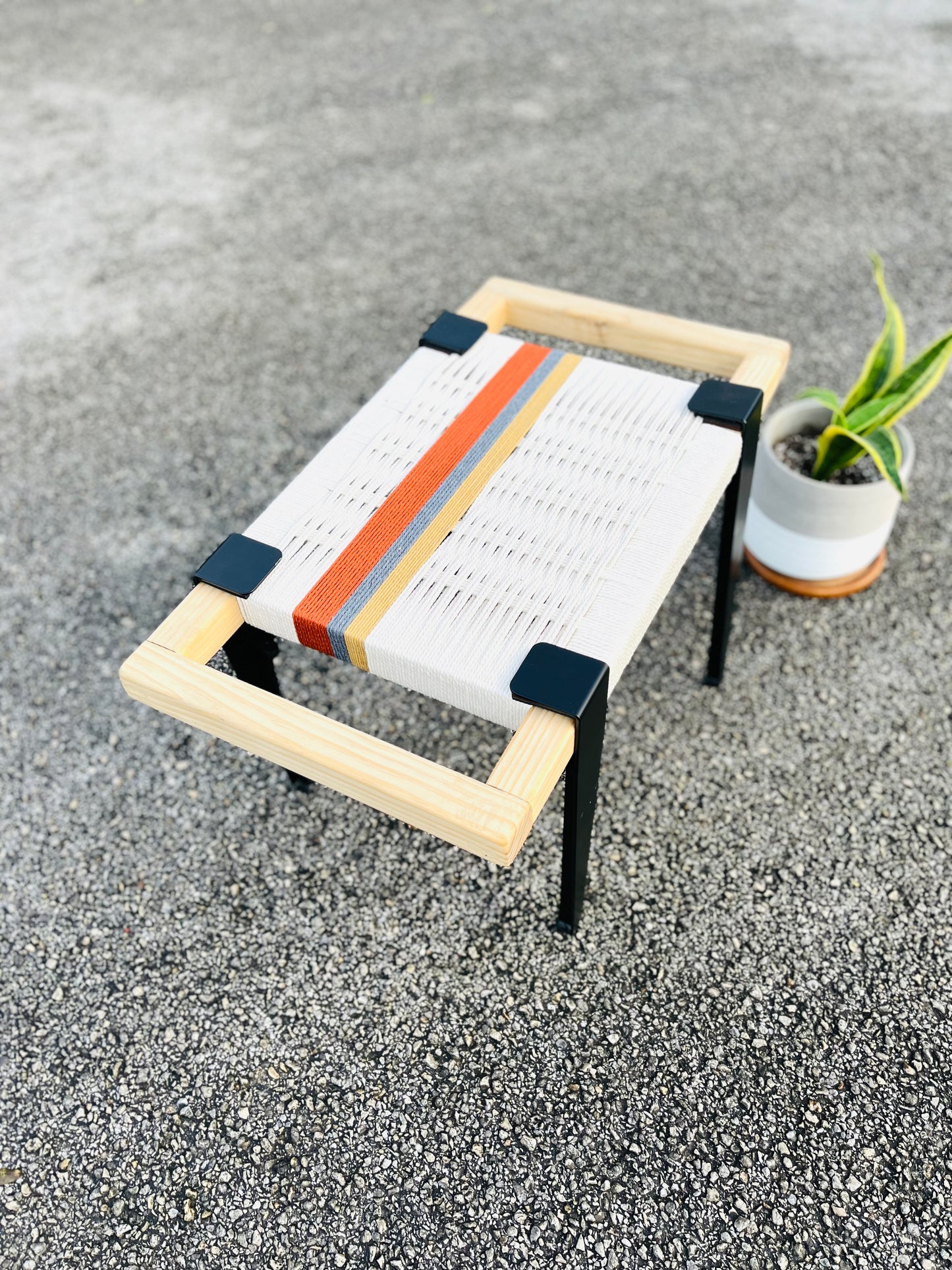 Mid Century Bench | Custom Size Woven Entryway Seating With Matte Black Legs