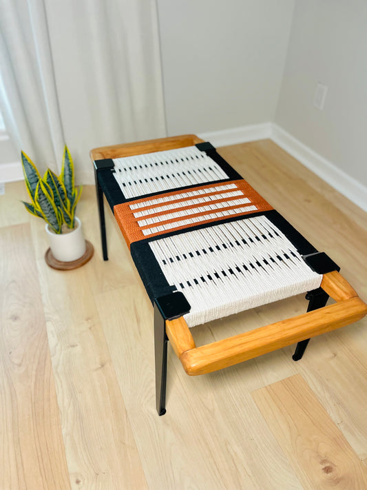 Mid Century Bench | Custom Size Woven Entryway Seating With Matte Black Legs
