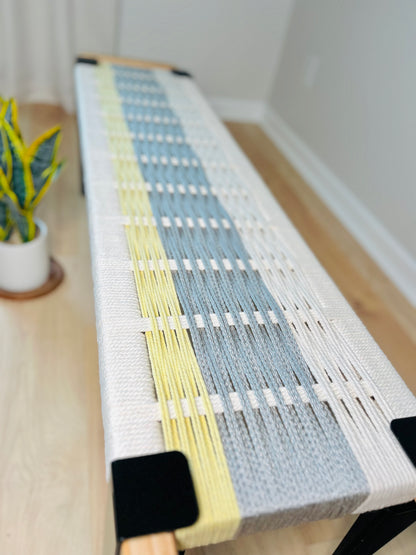 Mid Century Bench | Custom Size Woven Entryway Seating With Matte Black Legs