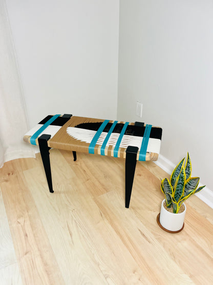 Mid Century Bench | Custom Size Woven Entryway Seating With Matte Black Legs
