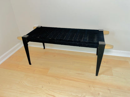 Mid Century Bench | Custom Size Woven Entryway Seating With Matte Black Legs