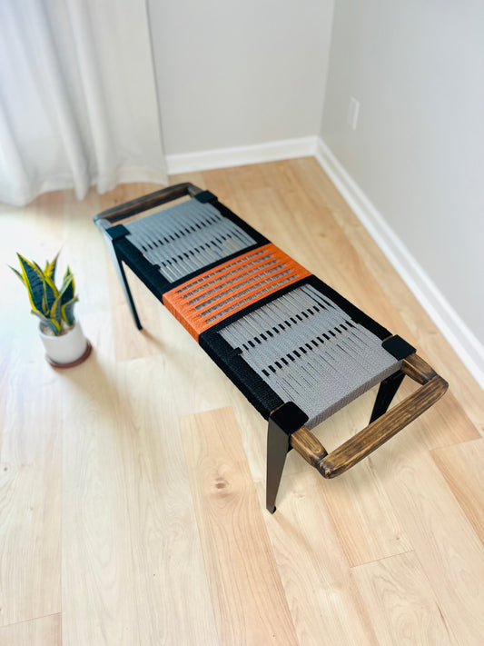 Mid Century Bench | Custom Size Woven Entryway Seating With Matte Black Legs