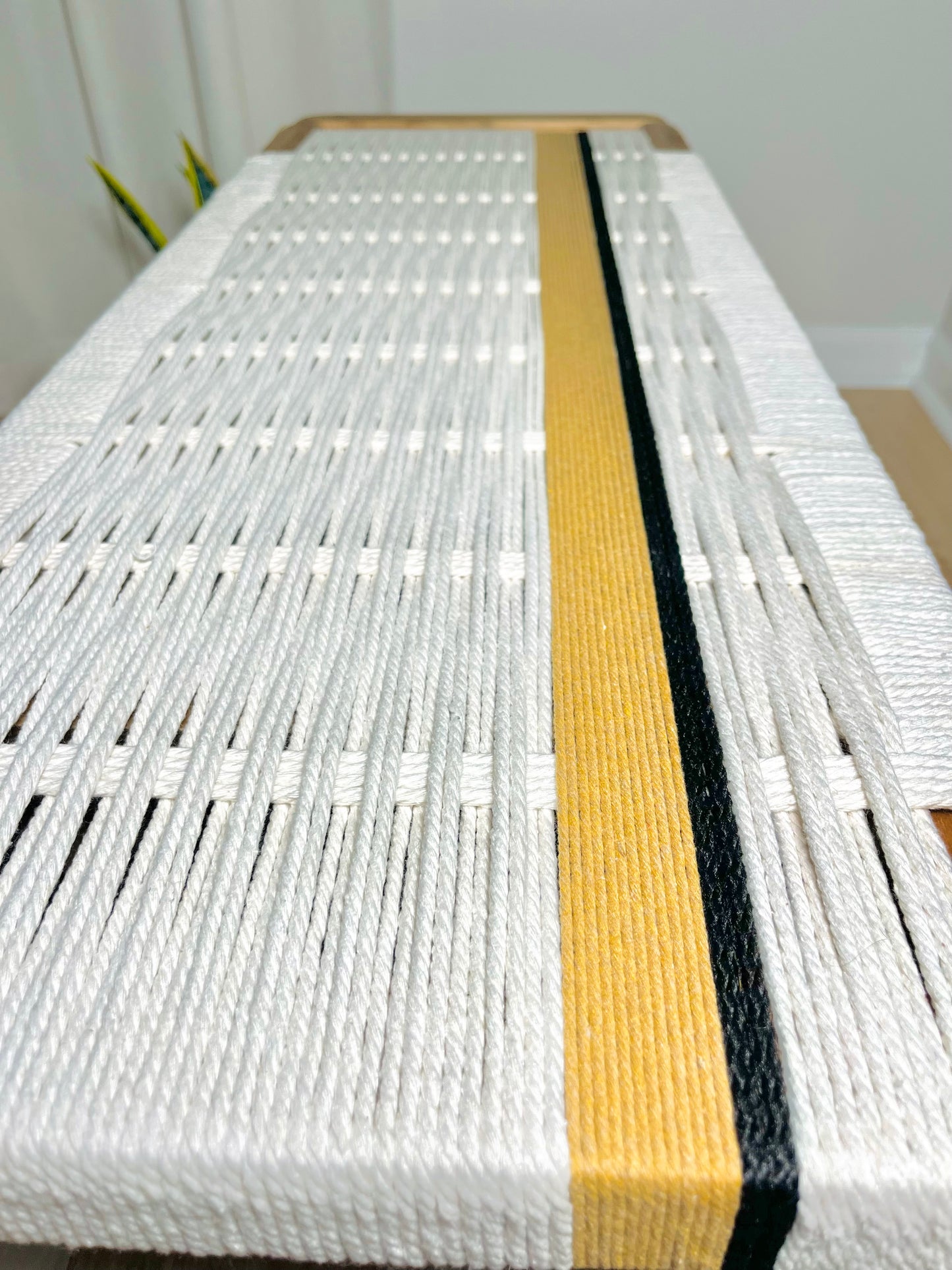 Mid Century Bench | Custom Size Woven Entryway Seating With Matte Black Legs