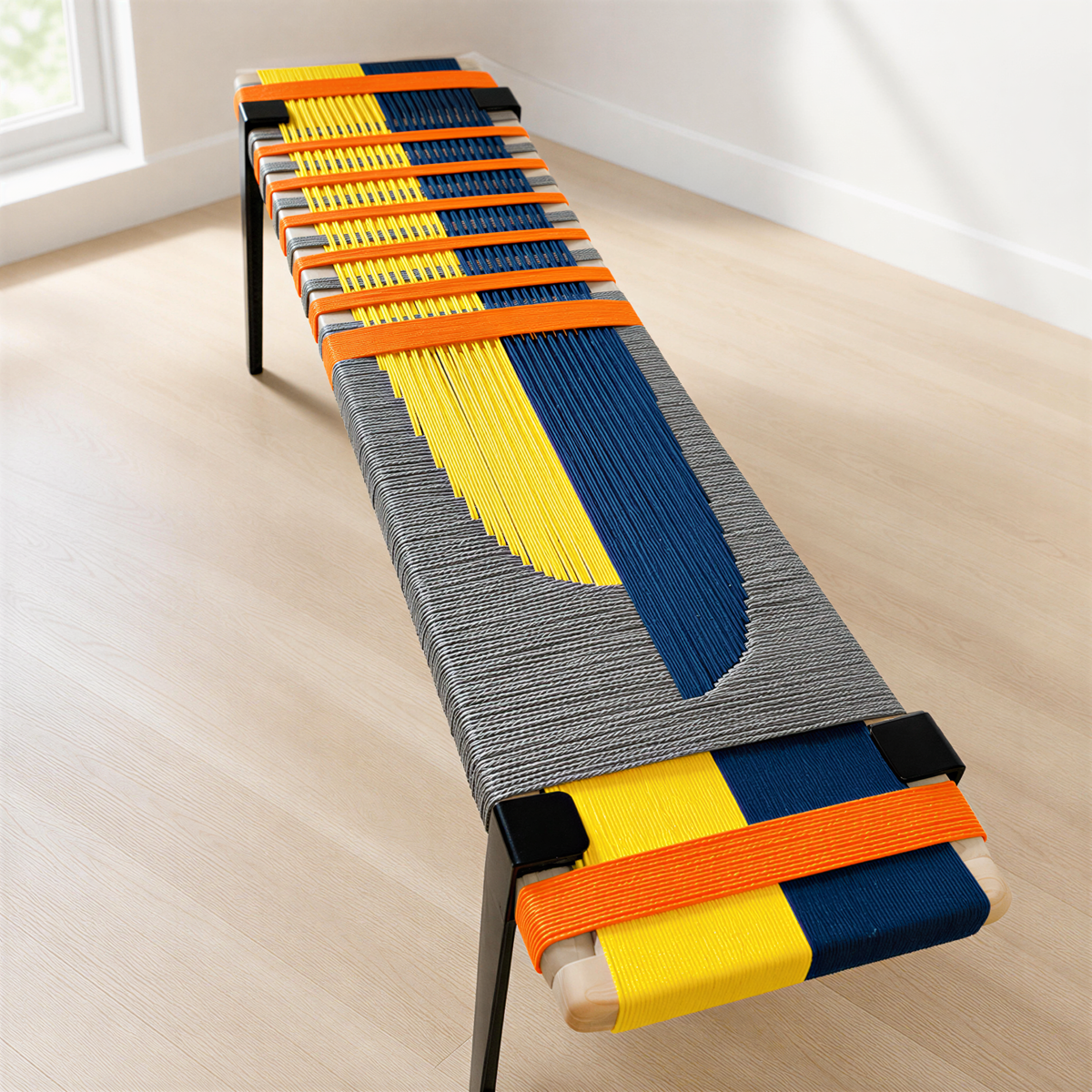 a colorful bench with a unique woven design. The bench has a combination of blue, yellow, and orange colors, creating a vibrant and eye-catching appearance.