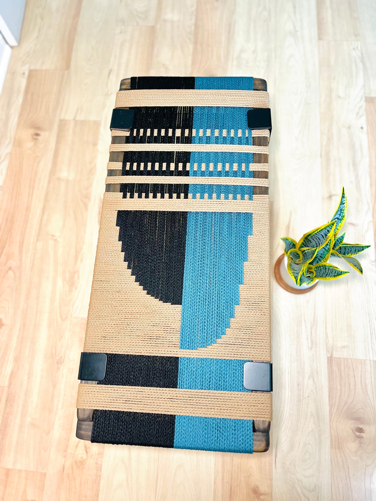 Mid Century Bench | Custom Size Woven Entryway Seating With Matte Black Legs
