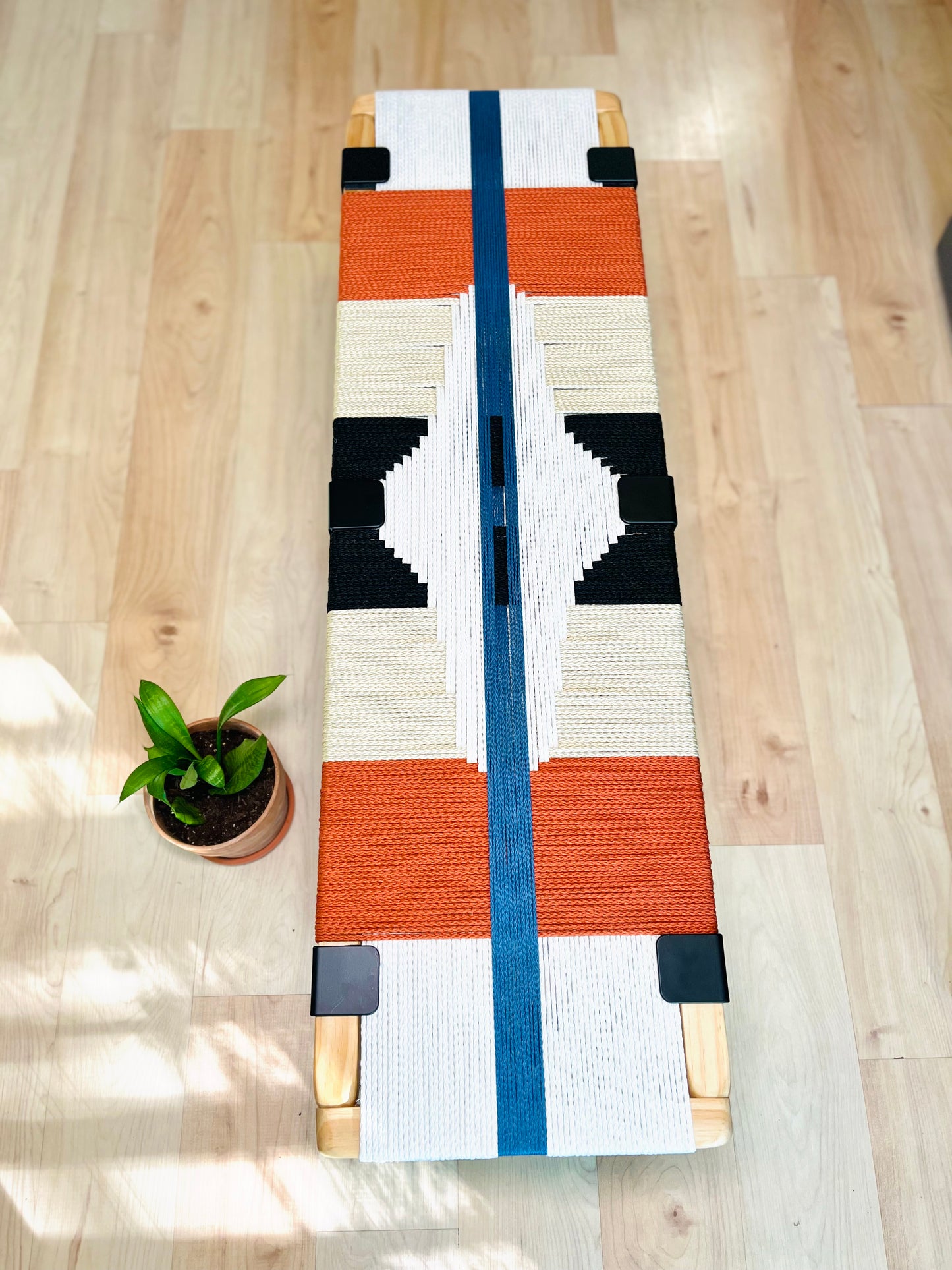 Mid Century Bench | Custom Size Woven Entryway Seating With Matte Black Legs