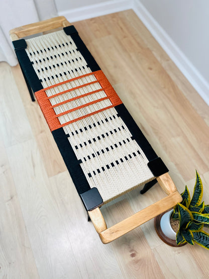 Mid Century Bench | Custom Size Woven Entryway Seating With Matte Black Legs