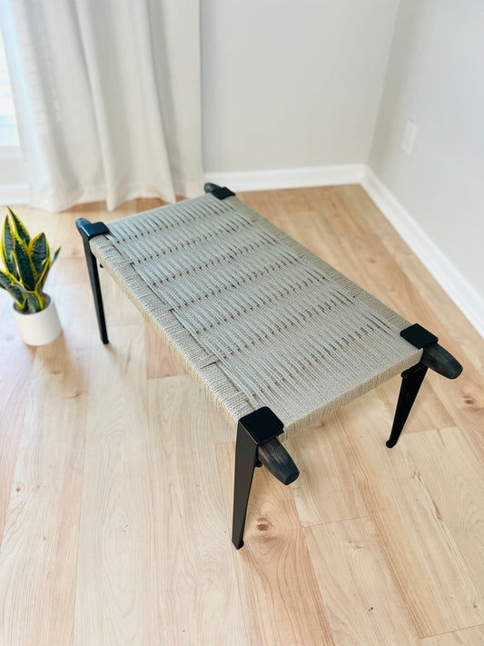 Mid Century Bench | Custom Size Woven Entryway Seating With Matte Black Legs
