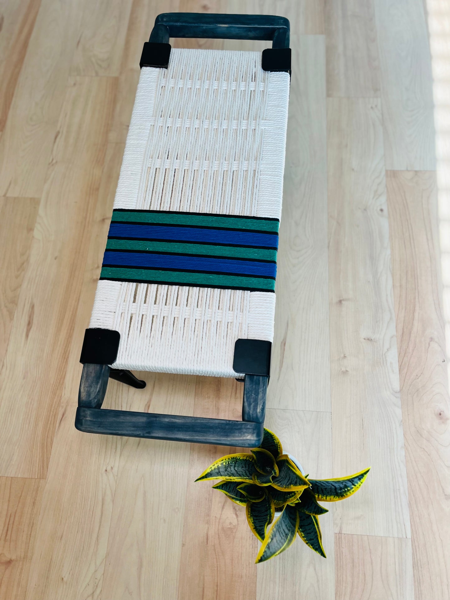 Mid Century Bench | Custom Size Woven Entryway Seating With Matte Black Legs