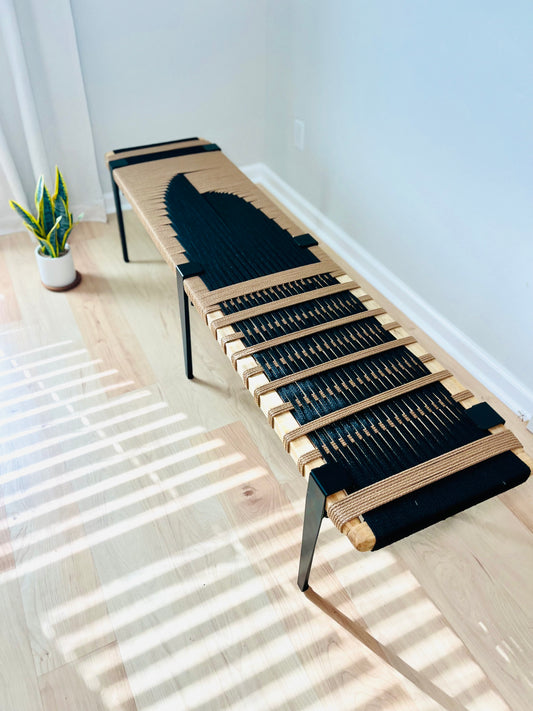 Mid Century Bench | Custom Size Woven Entryway Seating With Matte Black Legs