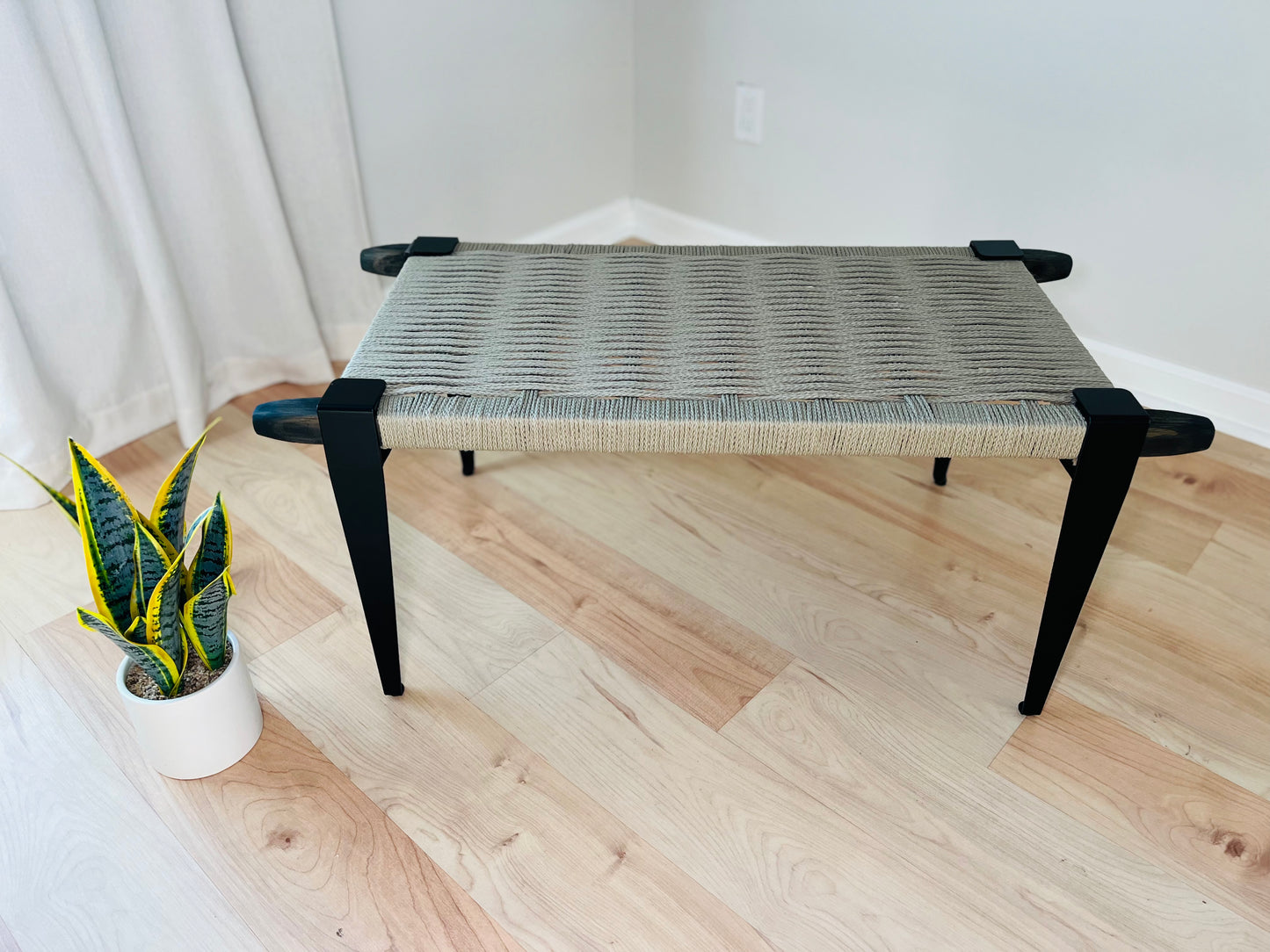Mid Century Bench | Custom Size Woven Entryway Seating With Matte Black Legs