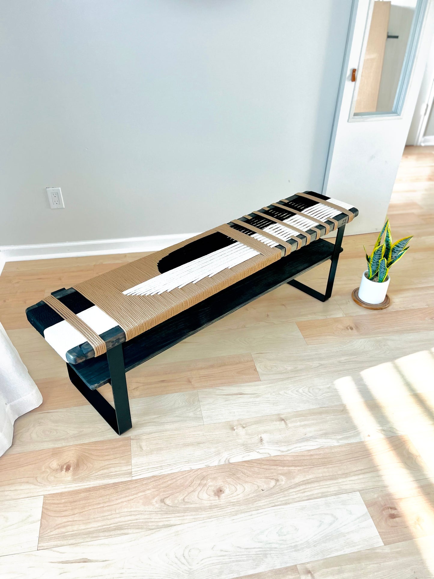 Mid Century Bench | Custom Size Woven Entryway Seating With Matte Black Legs