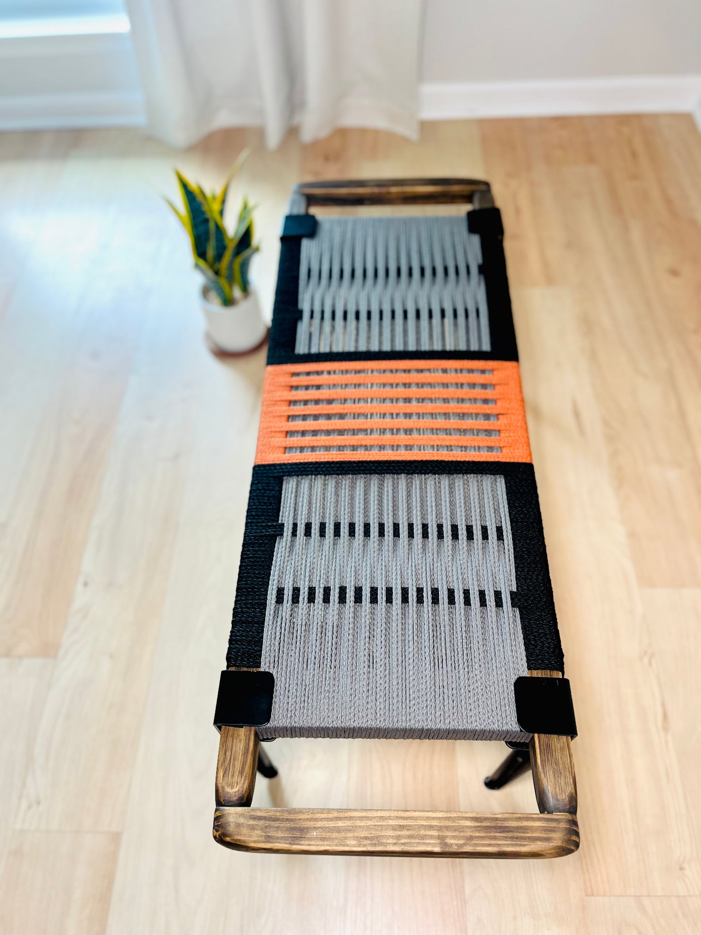 Mid Century Bench | Custom Size Woven Entryway Seating With Matte Black Legs