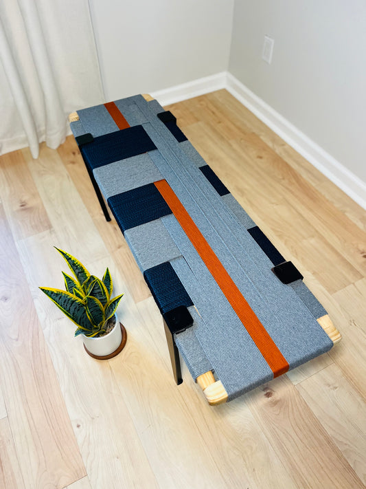 Mid Century Bench | Custom Size Woven Entryway Seating With Matte Black Legs