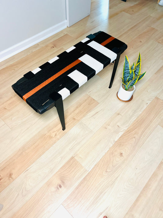Mid Century Bench | Custom Size Woven Entryway Seating With Matte Black Legs