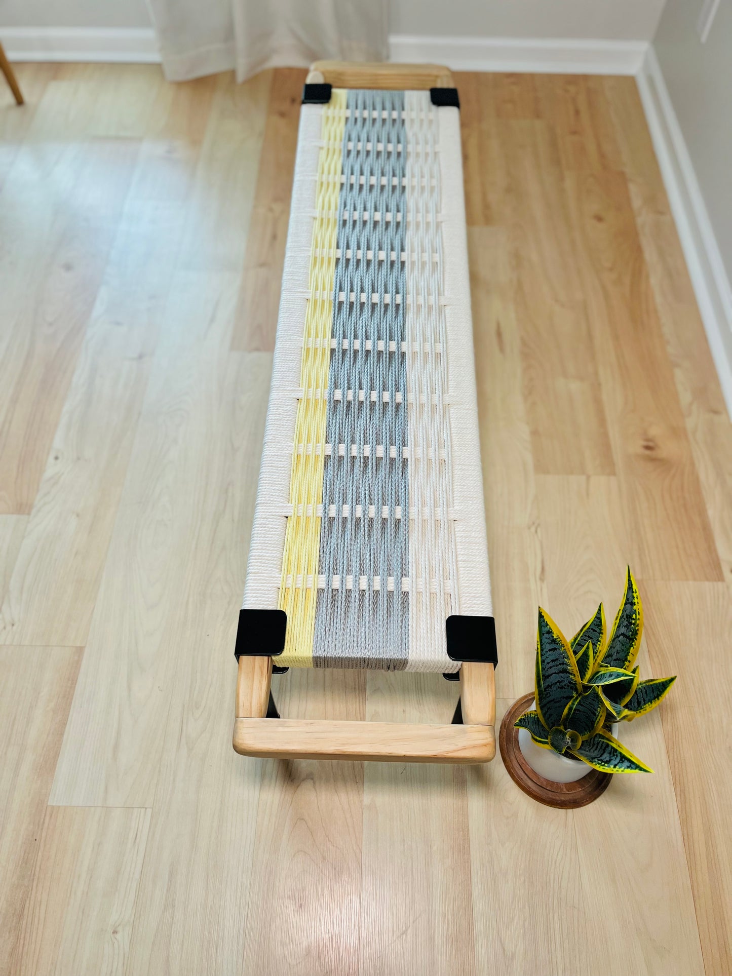 Mid Century Bench | Custom Size Woven Entryway Seating With Matte Black Legs