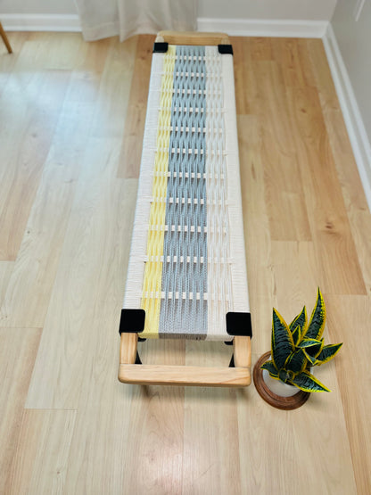 Mid Century Bench | Custom Size Woven Entryway Seating With Matte Black Legs