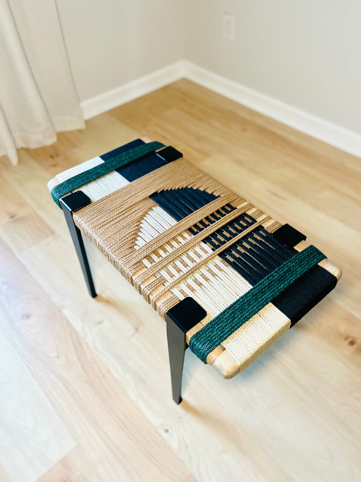 Mid Century Bench | Custom Size Woven Entryway Seating With Matte Black Legs